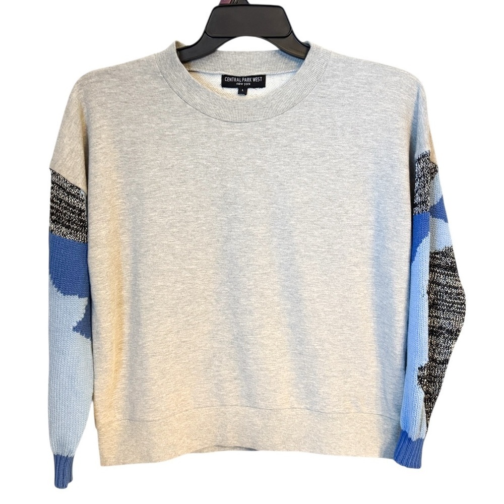 Central Park West Women’s Light Gray Colorblock Metallic Blue Sleeve Top Sz L